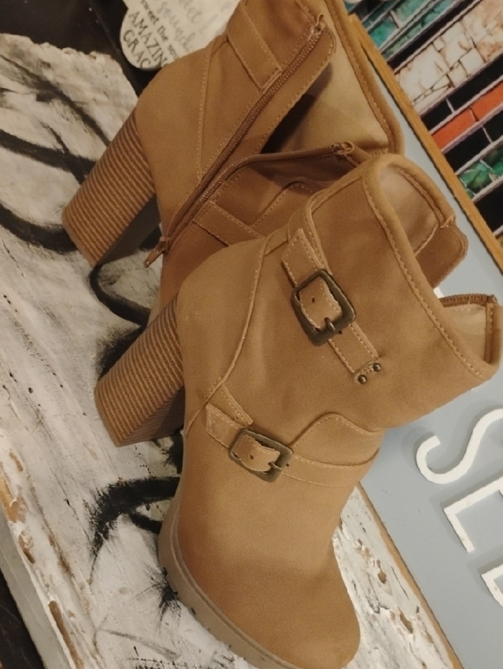 Women's Report Tan Block Heel Ankle Boots with Buckle Detail